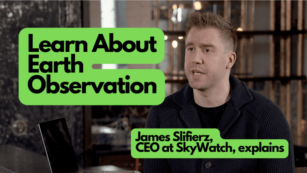 Screengrab of a short-haired man talking with overlay text "learn about earth observation"
