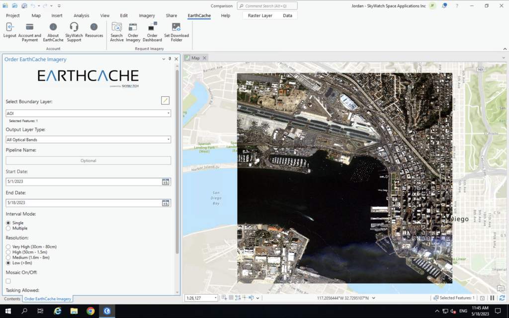 Screenshot: Order satellite imagery from EarthCache in ArcGIS Pro