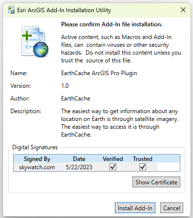 Screenshot showing Esri AcrGIS Installation utility for installing EarthCache for ArcGIS Pro Add-in