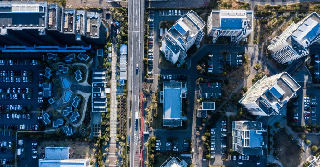 How to Buy Satellite Images - Overhead Satellite view of apartment buildings in urban neighbourhood
