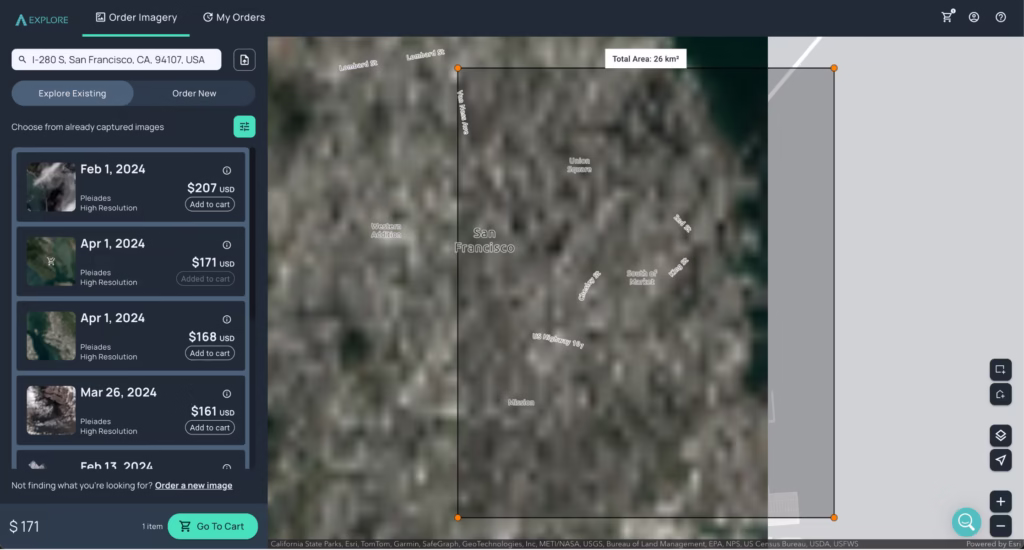 Aerial map of San Francisco showing street names and imagery options for purchase.