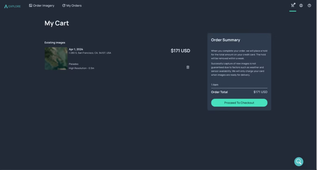 Shopping cart interface showcasing premium high-resolution imagery from April 1, 2024, available for $171 USD – delivering exceptional geospatial data access at your fingertips.