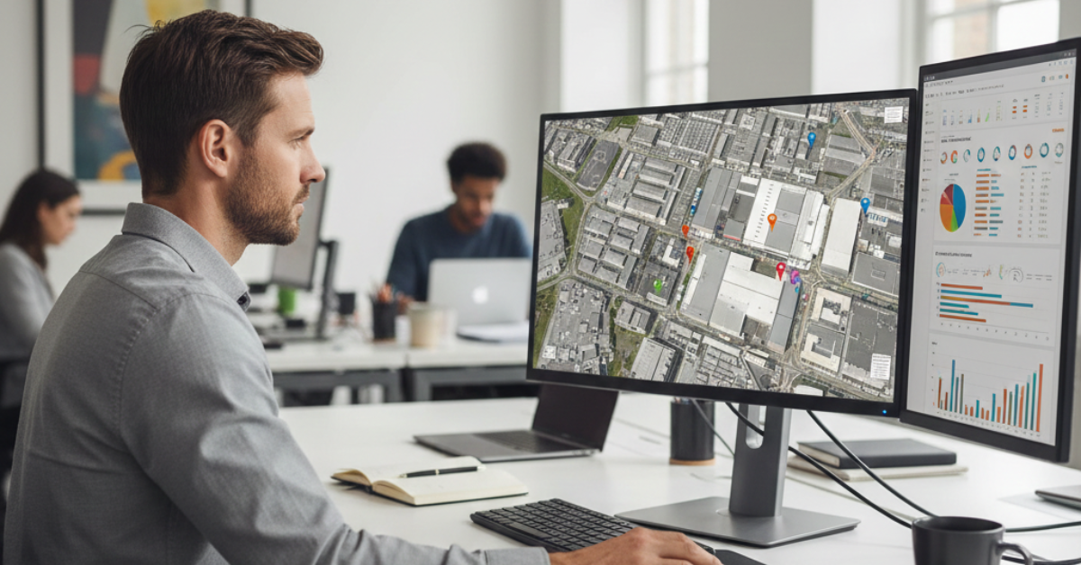 Business user looking at Earth observation data on a computer monitor