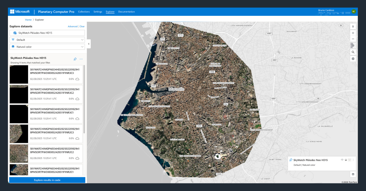 Screenshot of the Microsoft Planetary Computer Pro interface showing an interactive map centered on Marseille with a dataset panel on the left.