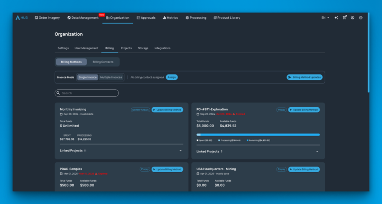Dark organization dashboard with Billing tab selected, showing billing controls and invoice cards in a dark UI Theme
