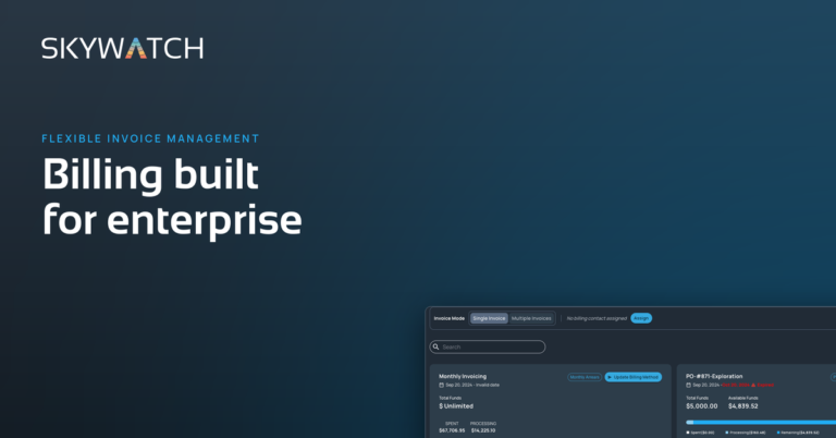 Featured Image FIM - SkyWatch Skywatch branding on a dark blue gradient with the headline “Billing built for enterprise” and a small invoicing dashboard mockup in the corner