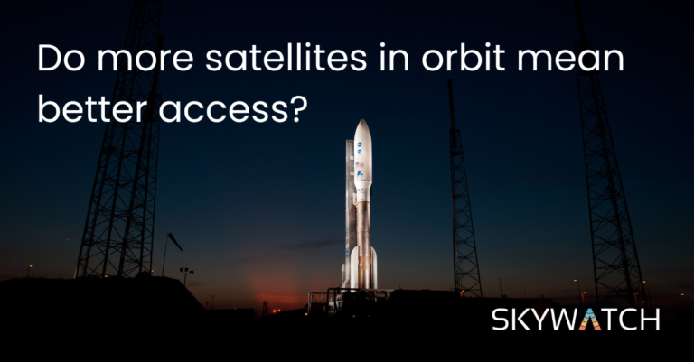 Rocketlabs launches - SkyWatch Rocket on a launch pad at dusk with the headline “Do more satellites in orbit mean better access?” and the SkyWatch logo in the bottom-right corner.