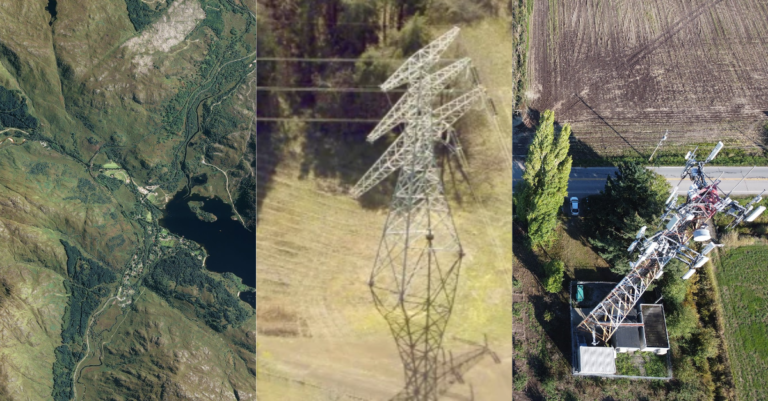 Satellite vs Aerial vs Drone Featured - SkyWatch Three-panel aerial view: mountains and a lake on the left, a lattice power transmission tower in the center, and a telecom tower by a road on the right.