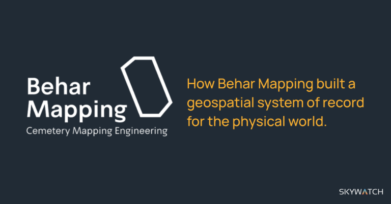 Behar Mapping - SkyWatch Behar Mapping branding with polygon icon and the headline: 'How Behar Mapping built a geospatial system of record for the physical world.' Skywatch logo bottom right.
