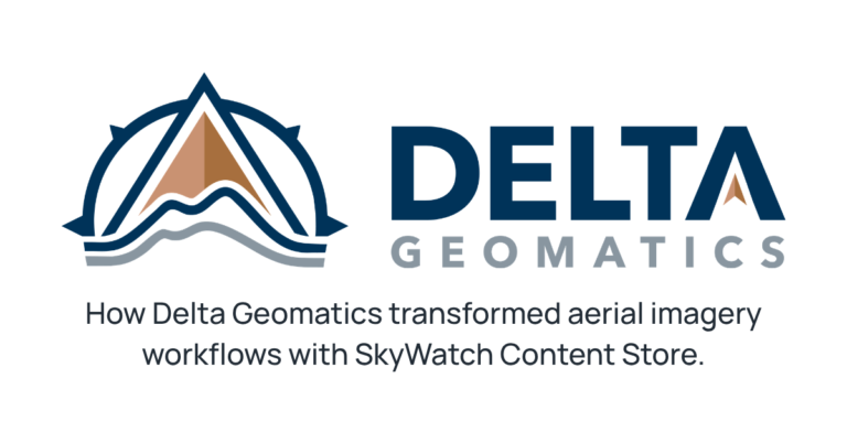 How Delta Geomatics transformed aerial imagery workflows with SkyWatch Content Store - SkyWatch Delta Geomatics logo with mountains and waves and the headline about transforming aerial imagery workflows with SkyWatch Content Store.